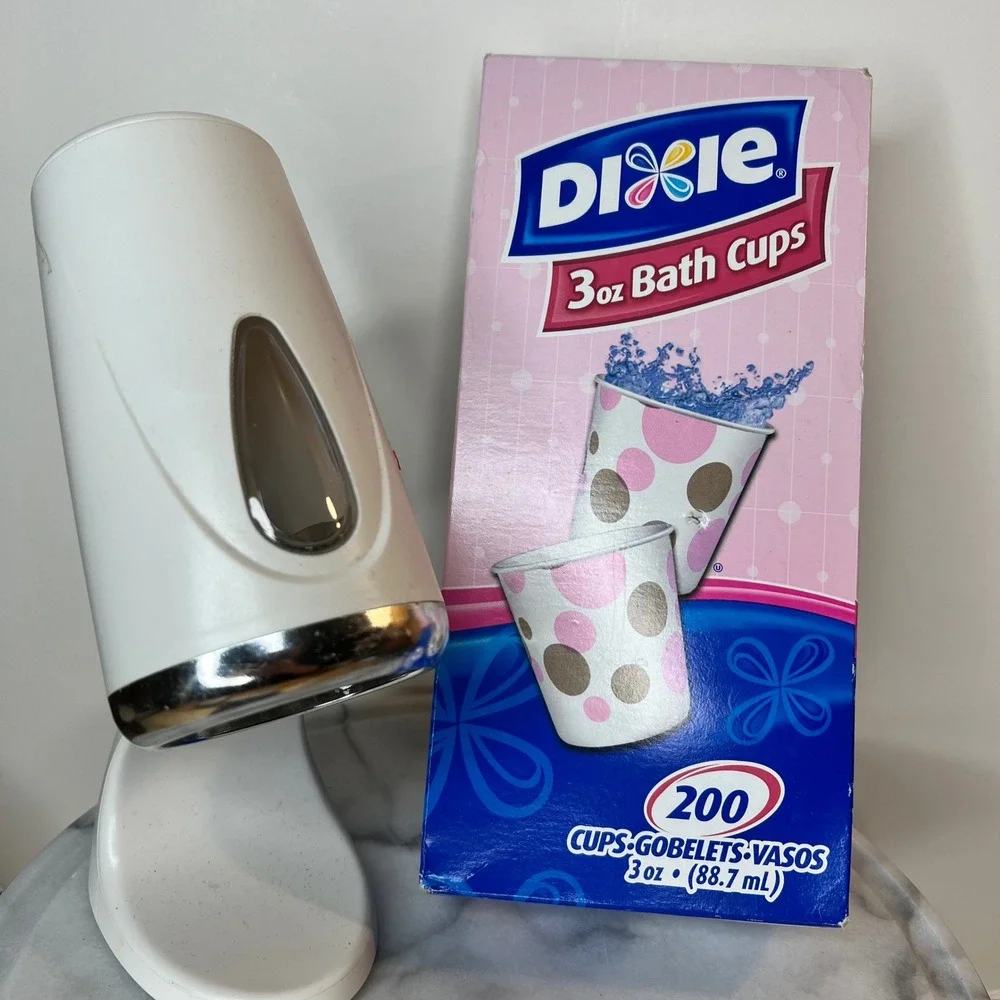 Dixie White Bath Cup Dispenser with 200 Count 3oz‎ Polka Dot Paper Cups Set